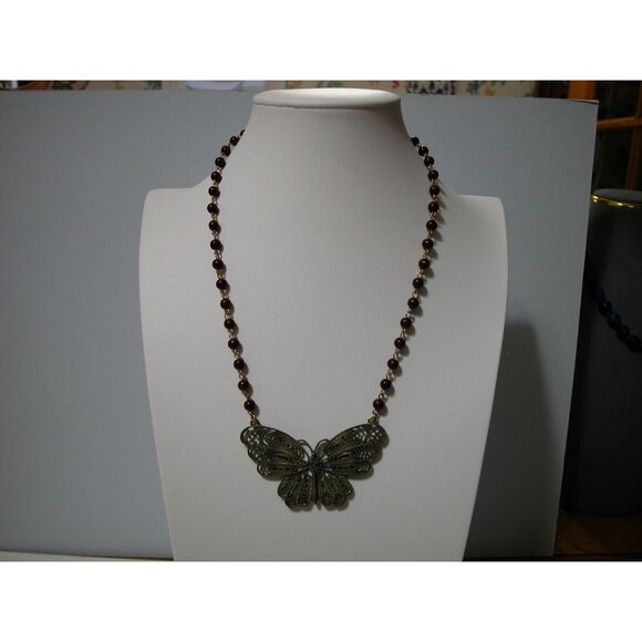 Vintage Filigree Butterfly Pendant Necklace With Brown Bead Chain - Picture 6 of 6